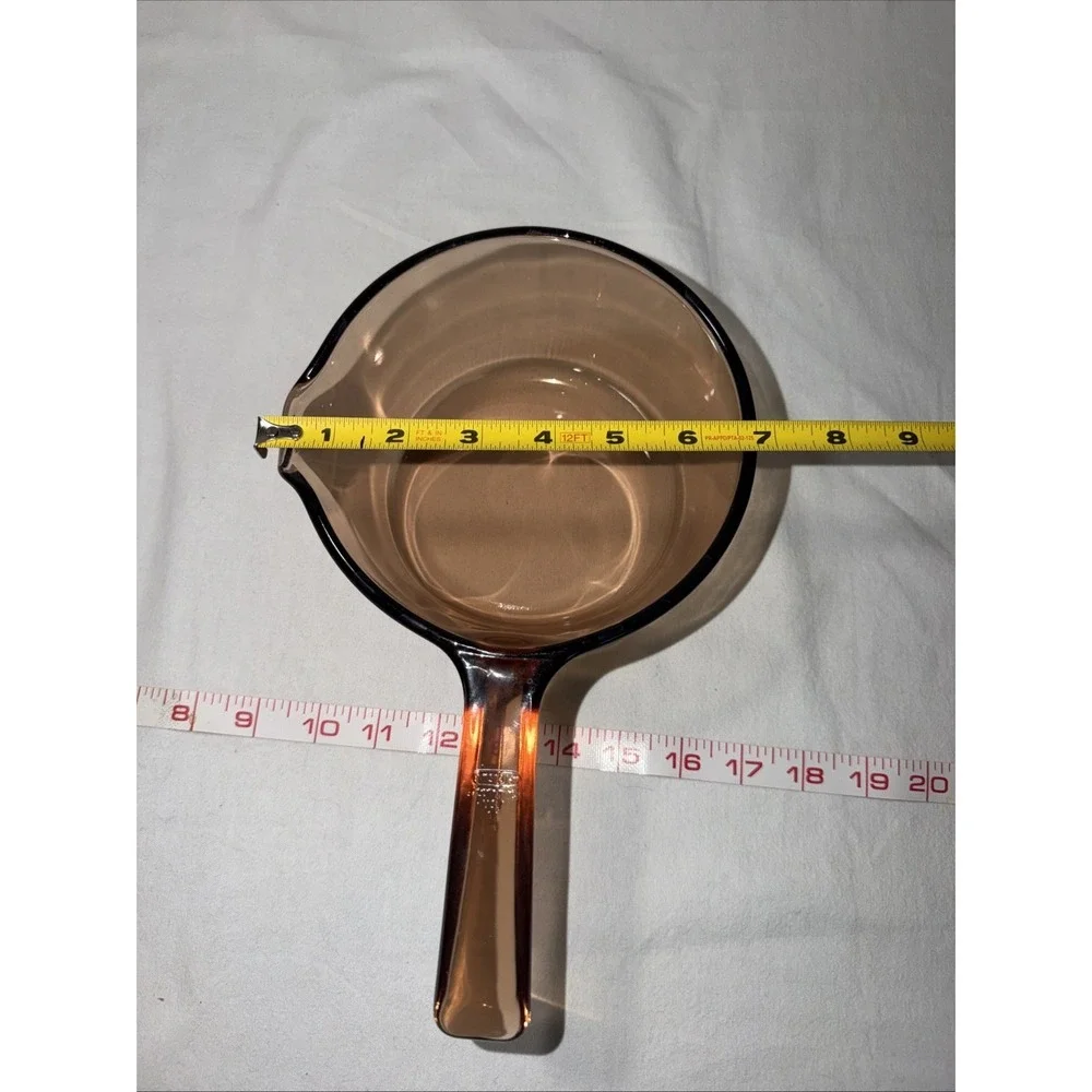 VTG Vision Corning Ware USA 1L Amber Glass Sauce Pan Pot Pour Spout With LID